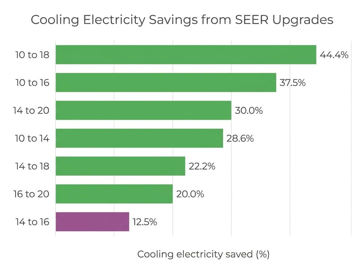 Bar chart comparing percent cooling electricity saved across common SEER upgrade jumps