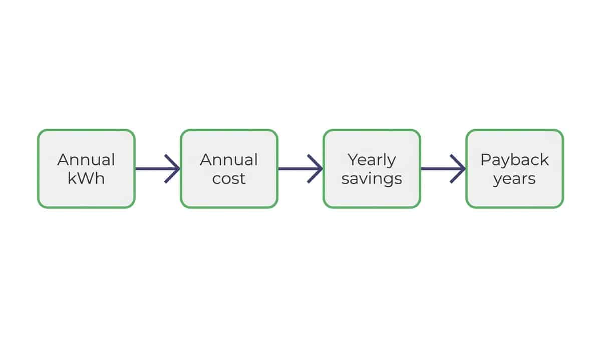 Flowchart of the four-step SEER payback calculation from annual kWh to years to payback