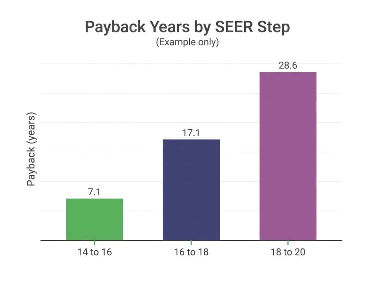 Bar chart of example payback years for each SEER step from 14 to 20