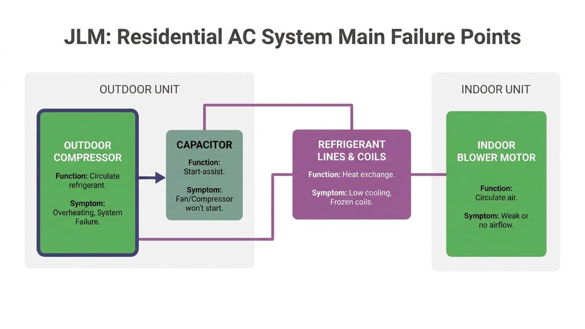 Labeled diagram of AC system components vulnerable to extreme heat failure