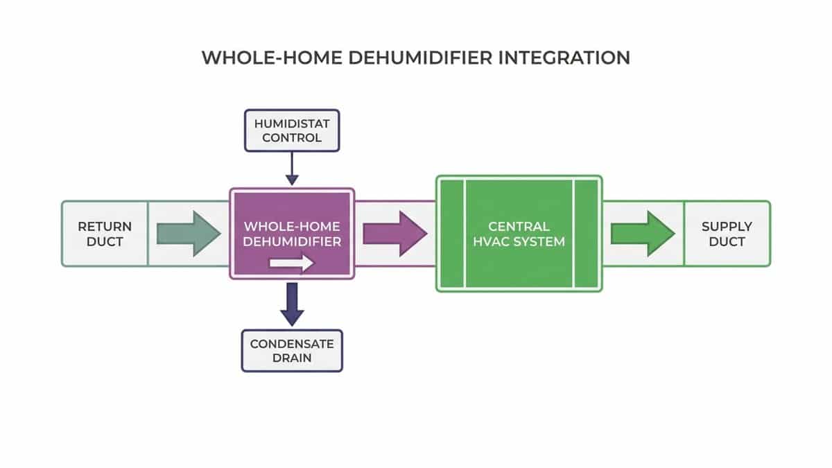 Diagram showing whole-home dehumidifier integration with central HVAC system