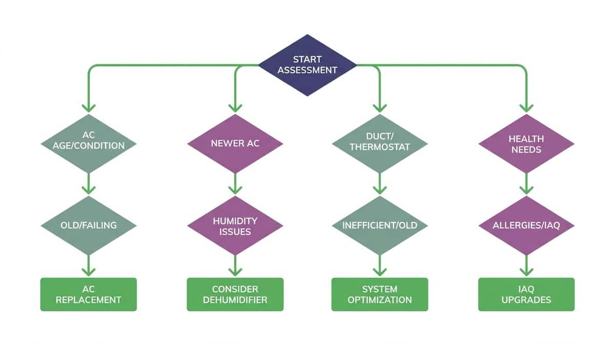 Comparison chart showing HVAC optimization vs whole-home dehumidifier decision paths